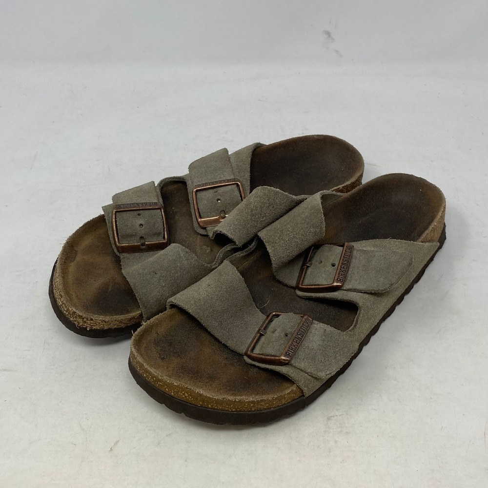 Birkenstock Arizona Suede Leather Sandals Taupe Two Strap Buckle Slides Mens 39